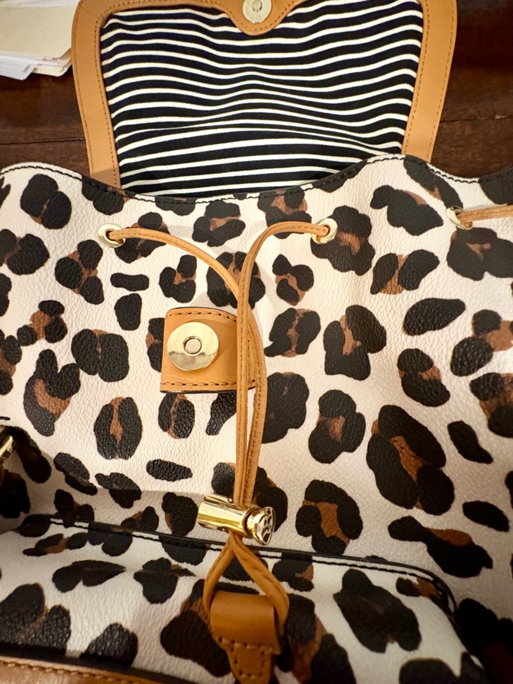 Tory Burch Leopard Print Drawstring Backpack with Tan Trim - Picture 3 of 7